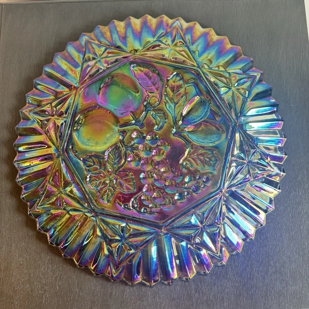 Vintage INDIANA Carnival Glass Serving/Jewelery Platter Iridescent Fruit‎ 11.5